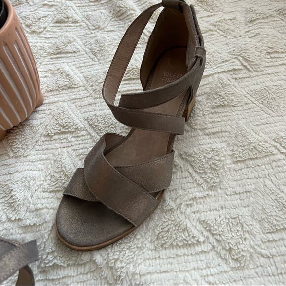 Eileen Fisher Kirby Metallic Leather Strappy Block Heel Sandals - Picture 3 of 6